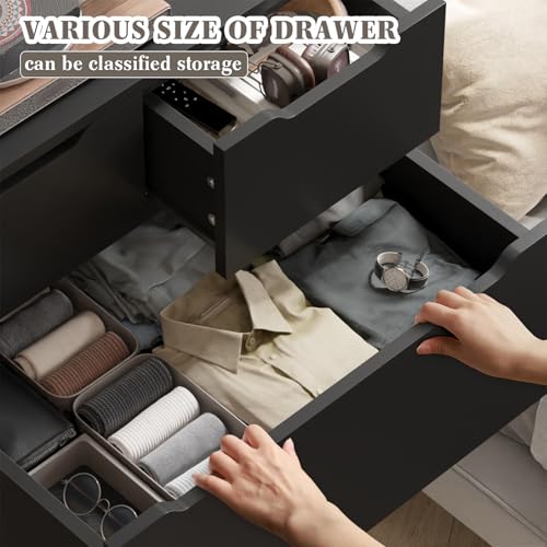 EnHomee 6 Drawers Dresser for Bedroom, Modern Chest of Drawers, Black Dresser with Large Organizer, Deep Drawer and Smooth Metal Rail, Black