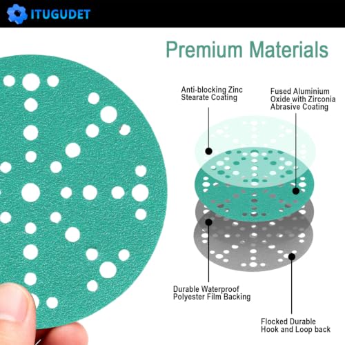 Image of 6 Inch 49 Hole Wet Dry P320 Grit Sanding Discs - 50 Pack Box | Fits Festool ETS / RO 150 Sanders, Zirconia Heavy-Duty Hook & Loop Film Sandpaper for Wood, Auto, Metal, Paint, Body & More