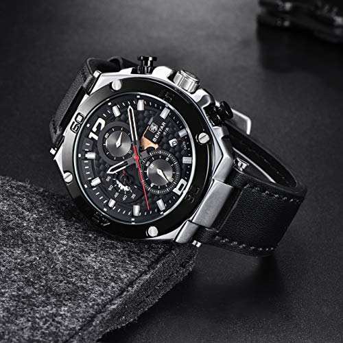Benyar Mens Watches Chronograph Date Waterproof Sports Watches Leather Strap Business Wrist Watches #TOP2