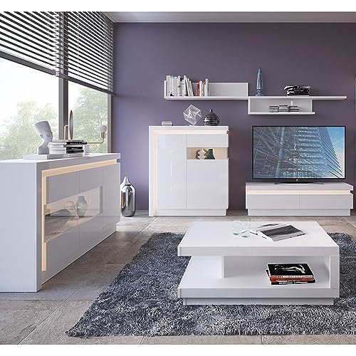 Lomadox Wohnmöbel Set weiß Hochglanz mit Beleuchtung, bestehend aus...