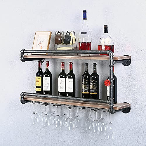 Tanggu Industrial Wine Racks Wall Mounted With 7 Stem Glass Holder,2-Tiers Rustic Metal Hanging Wine Holder,36In Wall Mount Bottle Holder,Pipe Shelves Kitchen/Living Room/Home Wood Wine Shelf #TOP1