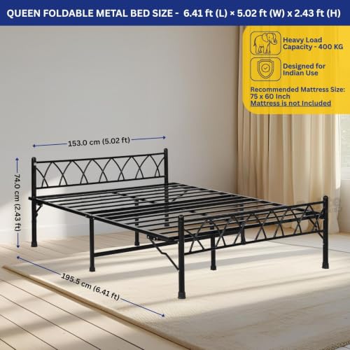 Image of Delite Kom Mario Metal Bed | Queen Size Folding Metal Bed (6.4ft x 5.02ft) Foldable, Portable, No Installation | Strong Steel Frame | Powder Coated | For 75 inchx60 inch Mattress |Glossy Black 1 Year Warranty