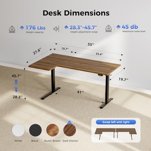 Image of Agilestic 55 Inch Reversible L Shaped Standing Desk, Electric Height Adjustable Desk with Memory Preset, Sit Stand Up Computer Workstation for Home Office, Splice Board, Dark Walnut