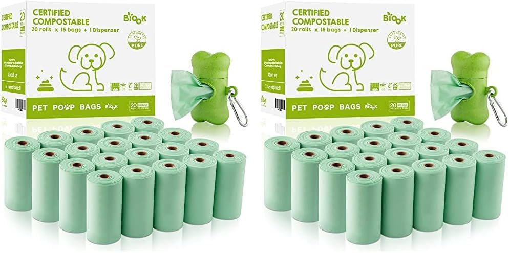 Biodegradable Dog Waste Bags, 300 Count, PLA+PBAT Material, Certified Compostable, Easy Detach, Thickness, 180 Day Decomposition, 15 Bags Per Roll, 9 x 13 Inch Size (Pack of 2)