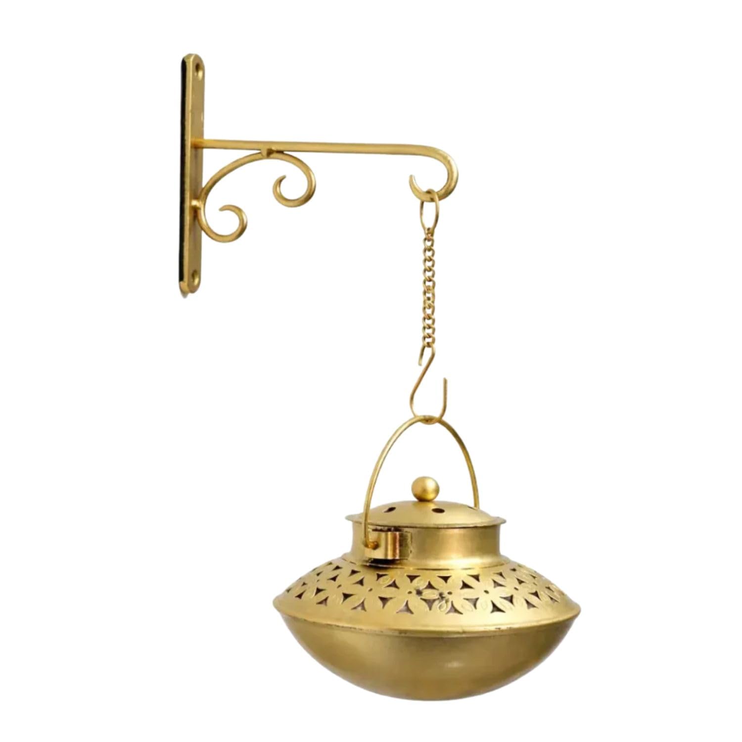 Antique Brass Hanging Lantern with Wall Hook – Metal Decorative Hanging Diya Lamp for Home Pooja Room Balcony Outdoor Decor | Vintage Hanging Candle Holder-image-2