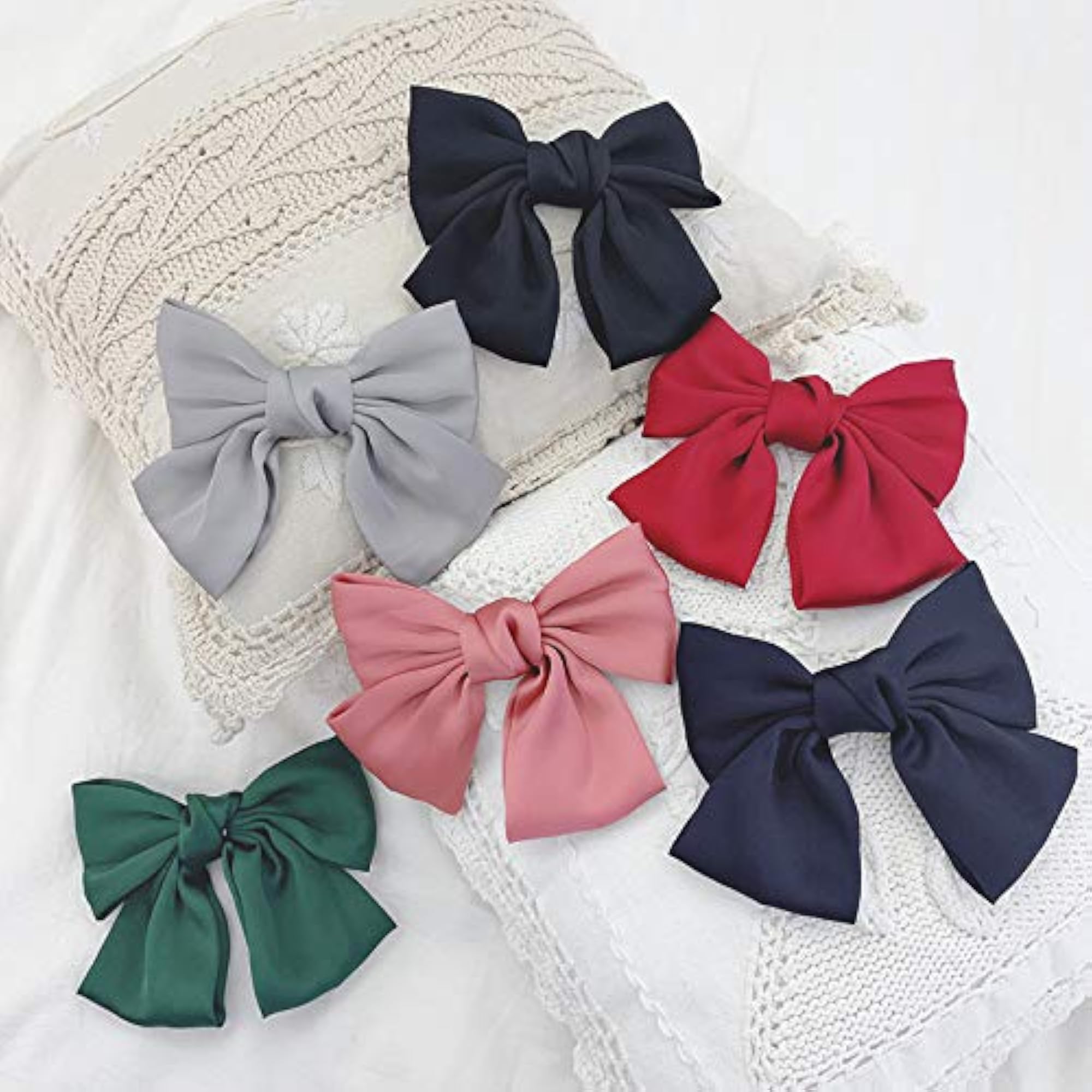 Set Of 6 Large Satin Silk Hair Bow Clips