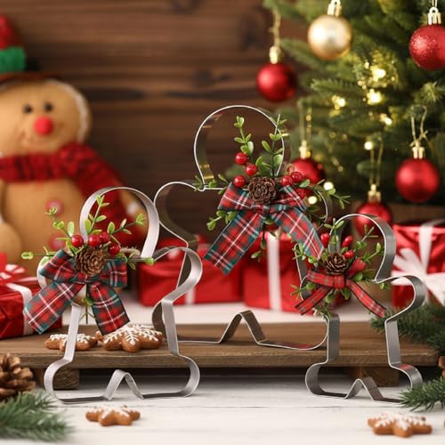 Otoolling 3 Pcs Gingerbread Man Christmas Decoration 6'' 7'' 8'' Metal Cookie Cutter with Plaid Bow Pine Cone Decorative Christmas Ornament Home Gingerbread Doll Decor for Xmas Season Gift Table Decor