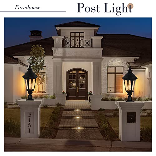 Image of Emliviar 25 Inch Outdoor Post Light for House, Vintage Exterior Pole Lantern Light Fixture, Black Finish with Seeded Glass Shade, XE265P BK