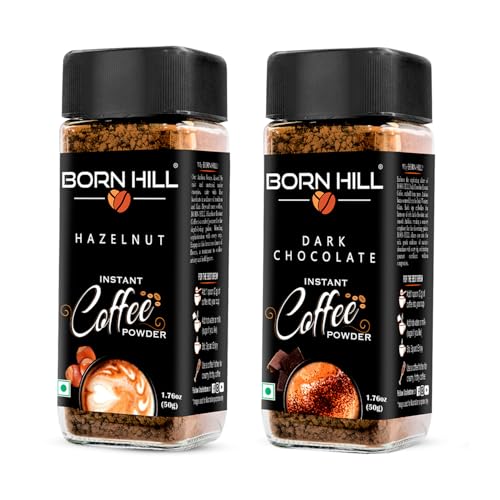 Image of BORN HILL Flavored Instant Coffee Combo, 2x50g | Hazelnut & Dark Chocolate Flavours | Makes 50 cups | 100% Arabica 0% Chicory | Hot & Cold Brew