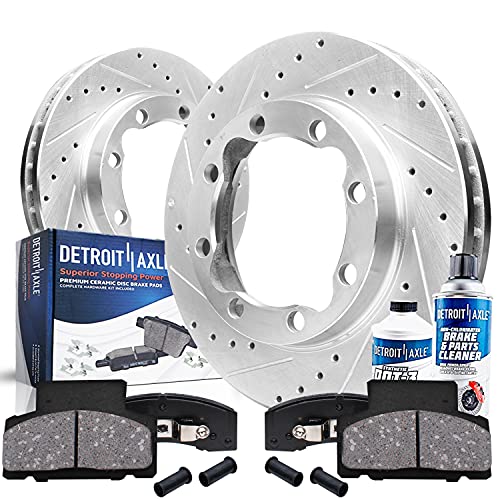 Image of Detroit Axle - Front Brake Kit for Dodge Ram 2500 3500 Chevy GMC K3500 | Drilled & Slotted Disc Brake Rotors Ceramic Brake Pads w /Hardware 1994 1995 1996 1997 1998 1999 Replacement