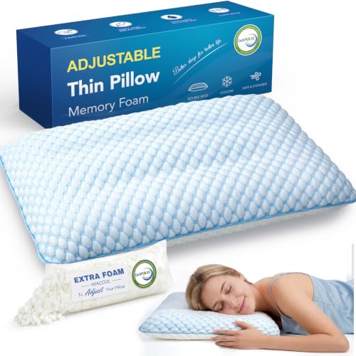 Thin Pillow for Sleeping, 2.75–3.75" Adjustable Low-Profile Shredded Memory Foam Pillow, 3-Zone Support Design Soft Flat Bed Pillow for Stomach and Back Sleepers, Washable Cover, Standard Size by Iwacool - Used condition - US$32.29