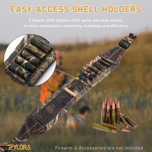 ZYLORA Rifle Sling with Shell Holders, Gun Sling with Swivels and Ammo Holder, Adjustable Rifle Sling with Storage Pocket and Thumb Loop, Rifle Accessories for Hunting and Shooting (Camo, Regular) - Thumbnail 3