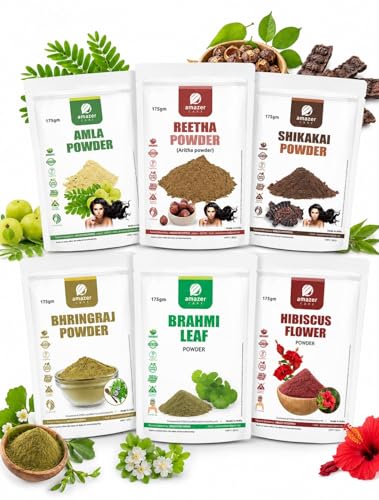 Image of Hibiscus, Reetha, Amla, Shikakai, Brahmi & Bhringraj Powder Combo for Hair Growth and Care (6 Pouches, 1025gm) 100% Herbal Hair Pack and Shampoo Powder