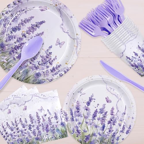 168pcs Purple Lavender Floral Paper Plates Napkins Party Supplies Serve 24 by Vellumvibe - Used condition - Image 5
