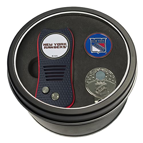 Team Golf NHL New York Rangers Tin Ball Marker Gift Set with Retractable Divot Tool, Cap Clip and 2 Double-Sided Enamel Ball Markers, Patented Design, Less Damage to Greens
