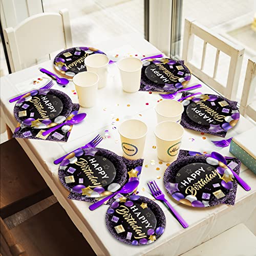 Purple Birthday Plates And Napkins Purple And Black Happy Birthday Party Supplies Tableware Set For 24 Guests Table Decorations For Women Girl Birthday Decorations Paper Plates Napkins Forks 96 Pieces #TOP6