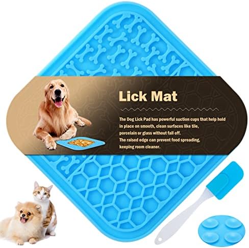 2 Pcs Licky Mats for Dogs 1 Dog Lick Mats with 1 Silicone Spatula Dog Lick Pad with Strong Suction Suitable for Pet Bathing Grooming Training (Blue)