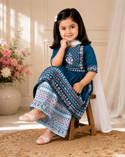 Image of Girls Embroidered Printed Kurta with Printed Palazzo Set, Ethnic Wear, 3-Piece