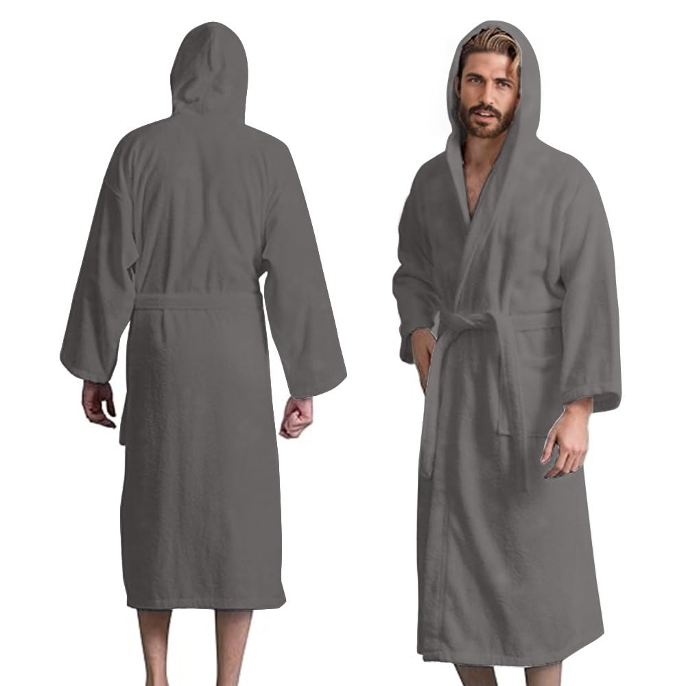 Men’s Hooded Bathrobe, 100% Cotton Terry Bathrobe, Spa Style Bath Robe, Absorbent Shower Robe, Lightweight Towel Bathrobes
