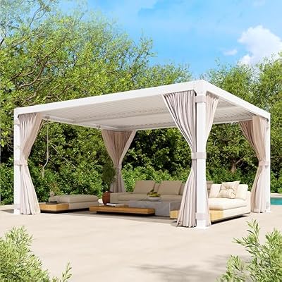 UPHYB Louvered Pergola 10x12ft, Adjustable Aluminum Pergola with Waterproof Curtains and Nets, Sun & Rain Shade for Patio, Modern DIY Outdoor Living Upgrade, White
