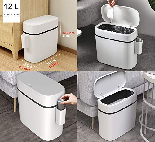 Klgo 12 Liter Slim Plastic Trash Can With Lid,2.6 Gallon Double Barrel Waste Basket,Rectangular Press Garbage Container Bin For Bathroom,Bedroom,Kitchen And Office,White (12 Liter) #TOP2