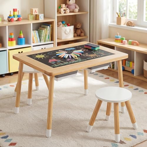 Image of Costzon Toddler Sensory Table and Chairs, Wooden Table and Chair Set w /Double-Sided Boards & 2 Foldable Storage Bins, All-in-One Kids Activity Table for Drawing, Sand and Water Play (3 PCS,Natural)
