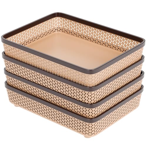 Image of TEX-RO Plastic Trays for Storage Organizer | Multipurpose Tray for Kitchen, Office & Drawer | Storage Tray for Documents, Cosmetics, Stationery | Woven Design Basket - Brown, Pack of 4