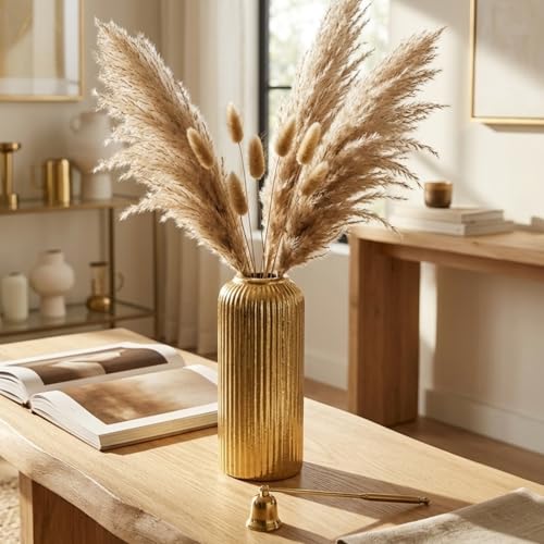 Image of KREATIVE ART'S Modern Ribbed Design Ceramic Flower Vase for Living Room, Flower Pots for Artificial Flower, Home Decoration Item, Home Decor, Vases for Living Room (Gold, Large)
