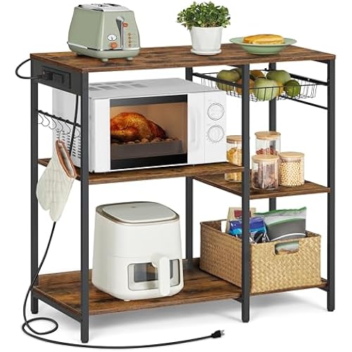VASAGLE Kitchen Baker’s Rack, Steel Frame, Wire Basket, 6 Hooks