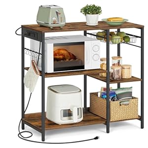 VASAGLE Baker’s Rack, Coffee Bar Stand with Charging Station, Storage Shelves, Pull-Out Wire Basket, Table for Microwave, Kitchen, Rustic Brown UKKS036K01, 15.7 x 35.4 x 35.6 Inches