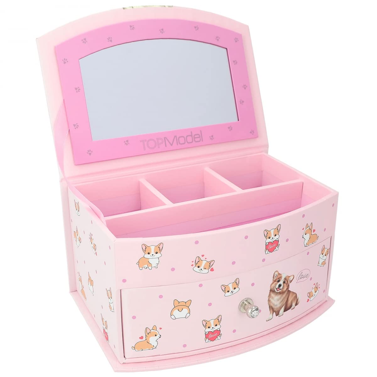 Depesche 12280 TOPModel Pink, Corgi, Pattern and Sparkling Stones, Jewellery Box with Mirror and Hinged Lid