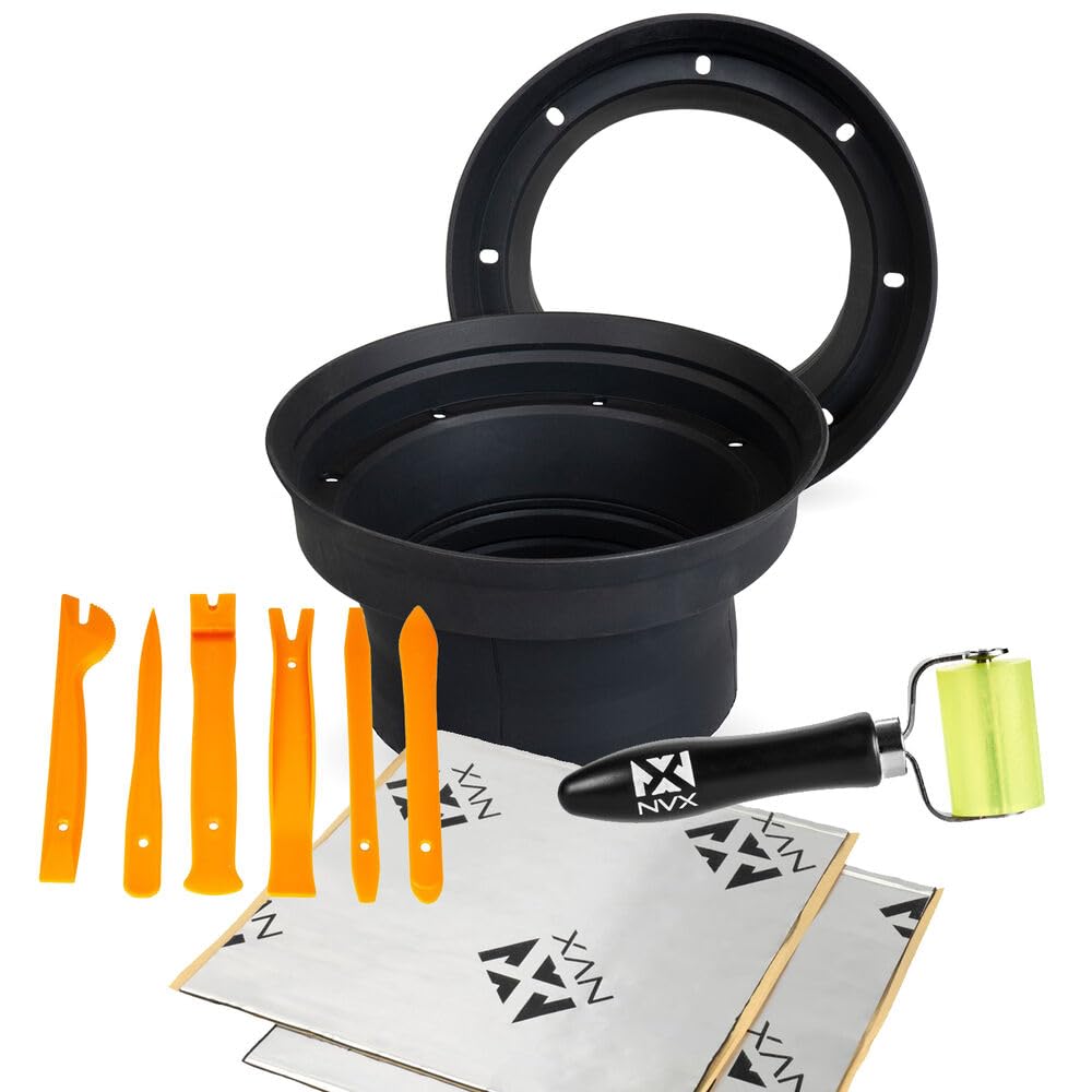 Car Audio Installation Sound Bundle – Includes 6pc Trim Panel Tool Kit, NVX Sound Deadening Speaker Kit, Rubber Roller & 6.5” Speaker Baffles – Enhance Sound Quality & Reduce Vibration