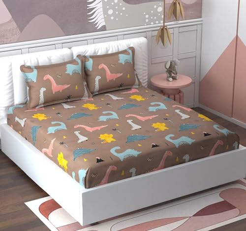 Image of 240 TC Cotton Feel Glace Cotton Elastic Fitted Printed King Size Double Bed Bedsheet with 2 Pillow Covers and Fits Upto 4-6 inches Mattress, Size- 72 inchx78 inch(Dainsor)