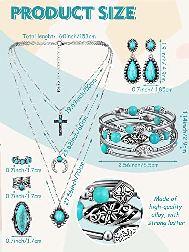 Image of Ecally Bohemian Western Jewelry Turquoise Set Women Country Pendant Long Choker Layered Bracelets Earrings Ring for Women