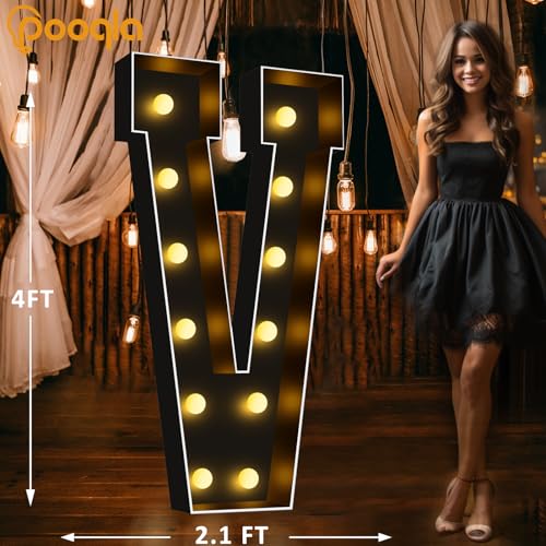Image of Pooqla 4 FT Marquee Light Up Letters, Black Marquee Letter Lights 4 Feet Tall for Birthday Decoration, Big Mosaic Letters Sign for Balloons Party Anniversary Wedding Decorations, Giant Warm White V