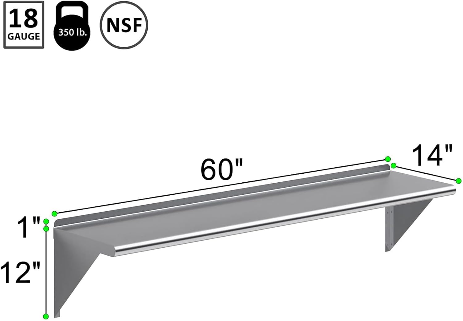 NSF Certified 18 Gauge Heavy Duty Stainless Steel Wall Shelf with Brackets for Kitchens, Utility Rooms, Storage, Offices & Home (60" x 14")