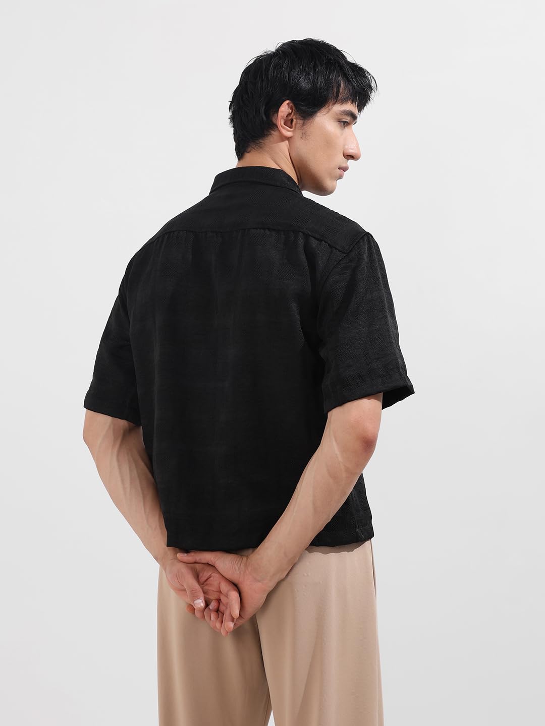 The Indian Garage Co Camicia da uomo a mezza manica con colletto a spalla squadrata testurizzata