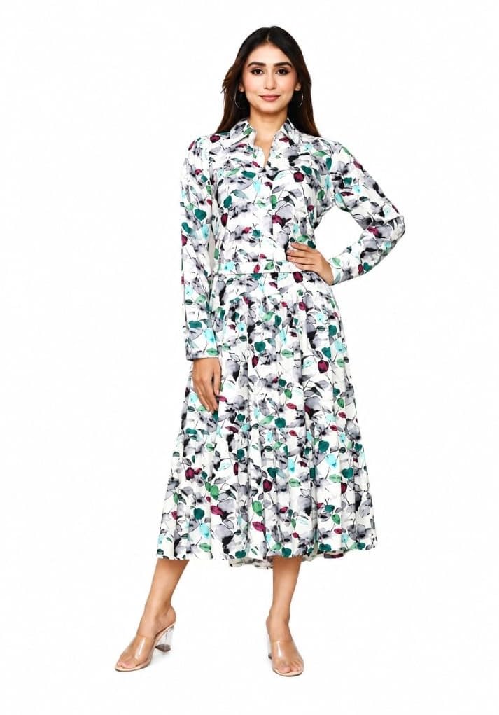 Women's Floral Printed Shirt Dress | A-Line Midi Dress with Belt | Full Sleeve | Collared Neck | Casual White-picture-38