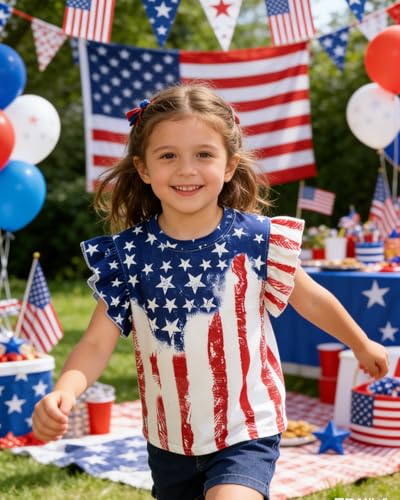 Image of Toddler Girls July 4th Shirts American Flag Ruffle Short Sleeve Patriotic Red White Blue Star Outfits Blouse Tops