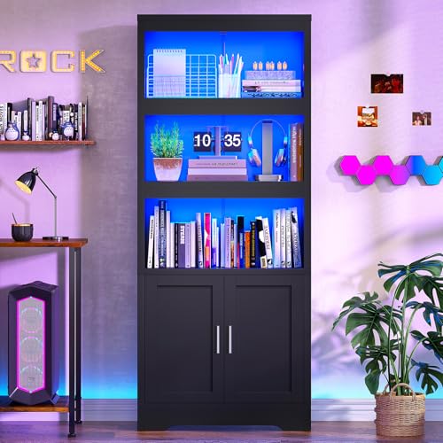 Image of Book Shelf and Bookcase with Doors, Remote Control LED Lights, 5-Tier Display Storage Cabinet with Adjustable Shelves, Open Compartments, Tall cabinet for Bathroom Kitchen Living Room, Home Office