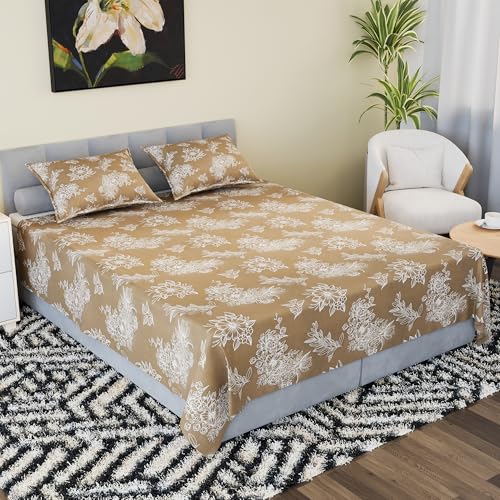 Image of Kuber Industries Cotton 180 TC Double Bedsheet With 2 Pillow Covers | Machine Washable Soft Bedsheet For Living Room, Home & Hotels | Lotus Fabio Print - Brown & White