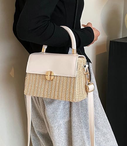 Summer Woven Straw Crossbody Bag Women PU Leather Flap Box Purse Mini Satchel Travel Beach Satchel Handbag4