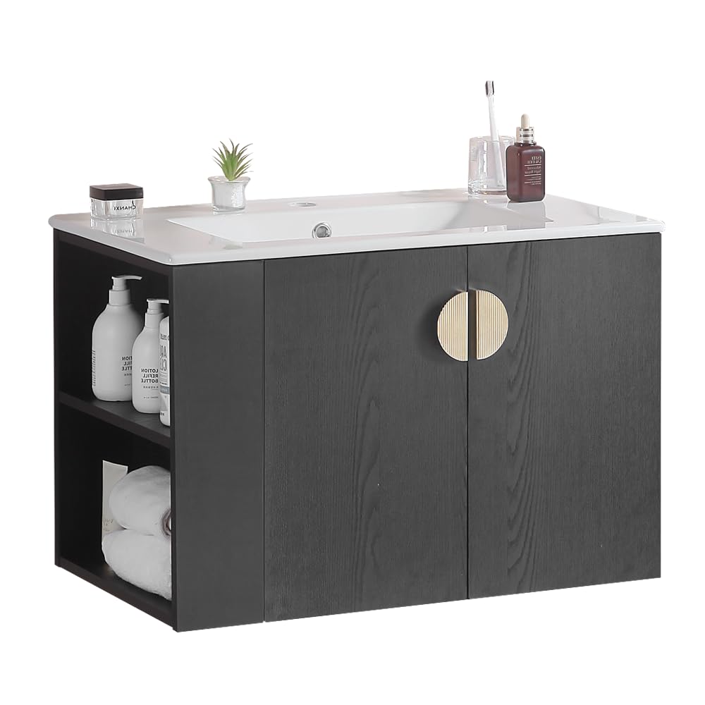 OMGO 30" Floating Bathroom Vanity with White Ceramic Sink Comb, Modern Wall-Mounted Undermount Solid Wood Cabinet Set w/Side Open Storage Shelf and Two Soft Close Doors, Right Black