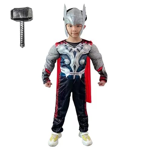 Yinsangao Children's superhero Thor costume Classic Muscle Costume Suit,Includes headpiece, hammer, cape (Grey, Medium)