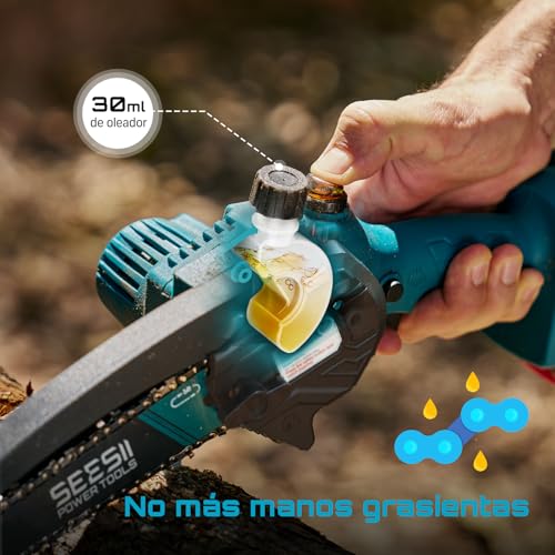 Miniatura 6 de SEESII 6'' Mini Motosierra Bateria 8000mAh, Motosierra Eléctrica Bateria con Depósito Para El Aceite y Cadena Reemplazable, Motosierra Inalámbrica Portátil para Podar Árboles de Jardinería