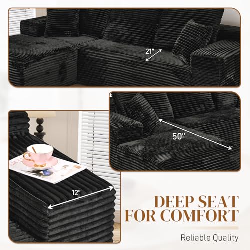 Image of 108 inch L Shaped Boneless Sectional Couches for Living Room, Wide Armrest, Deep Seat, Memory Foam, Assembly Free, Modern Comfy Corduroy Fluffy Cloud Sofa with Left Chaise, Black