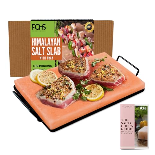 POHS Himalayan Salt Block Cooking Plate 12x8x1.5 for Cooking, Grilling, Cutting and Serving, with Metal Tray & Recipe Booklet Unique Gifts for Men, Women, Chefs & Cooks