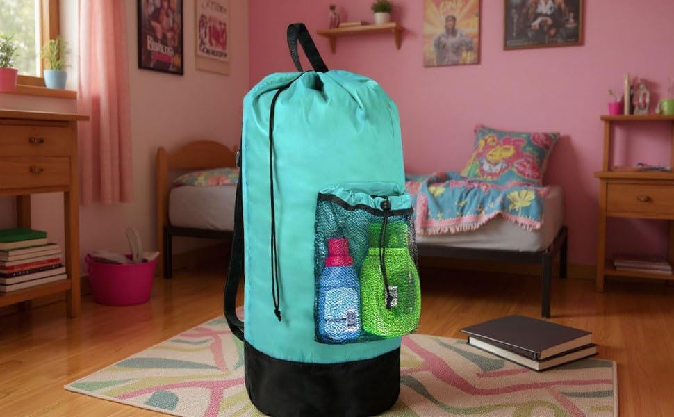 Miniatura 6 de Mochila de lavandería con correas, resistente para estudiantes universitarios, viajes Bolsas portátiles para cestas de lavandería, Turquesa,