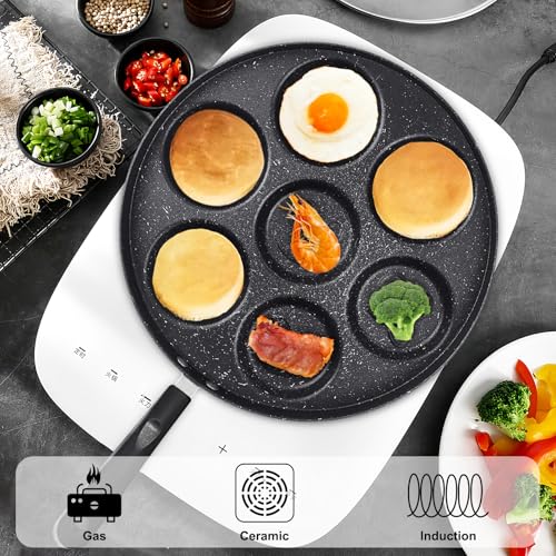 ICEBLUEOR Pancake Pan, 7 Holes Non Stick Pancake Maker, 26 cm Egg Frying Pan Pancake Mould, Mini Pancake Maker Crepe Pan, Versatile Induction Pancake Pan with Turn Sticks and Brush - Image 2