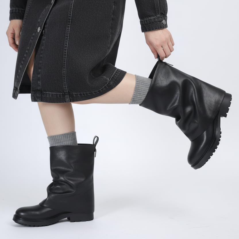 Women's Fold Over Ankle Boots with Zipper - Trendy Wide Calf Pull On Boots with Round Toe - Image 2